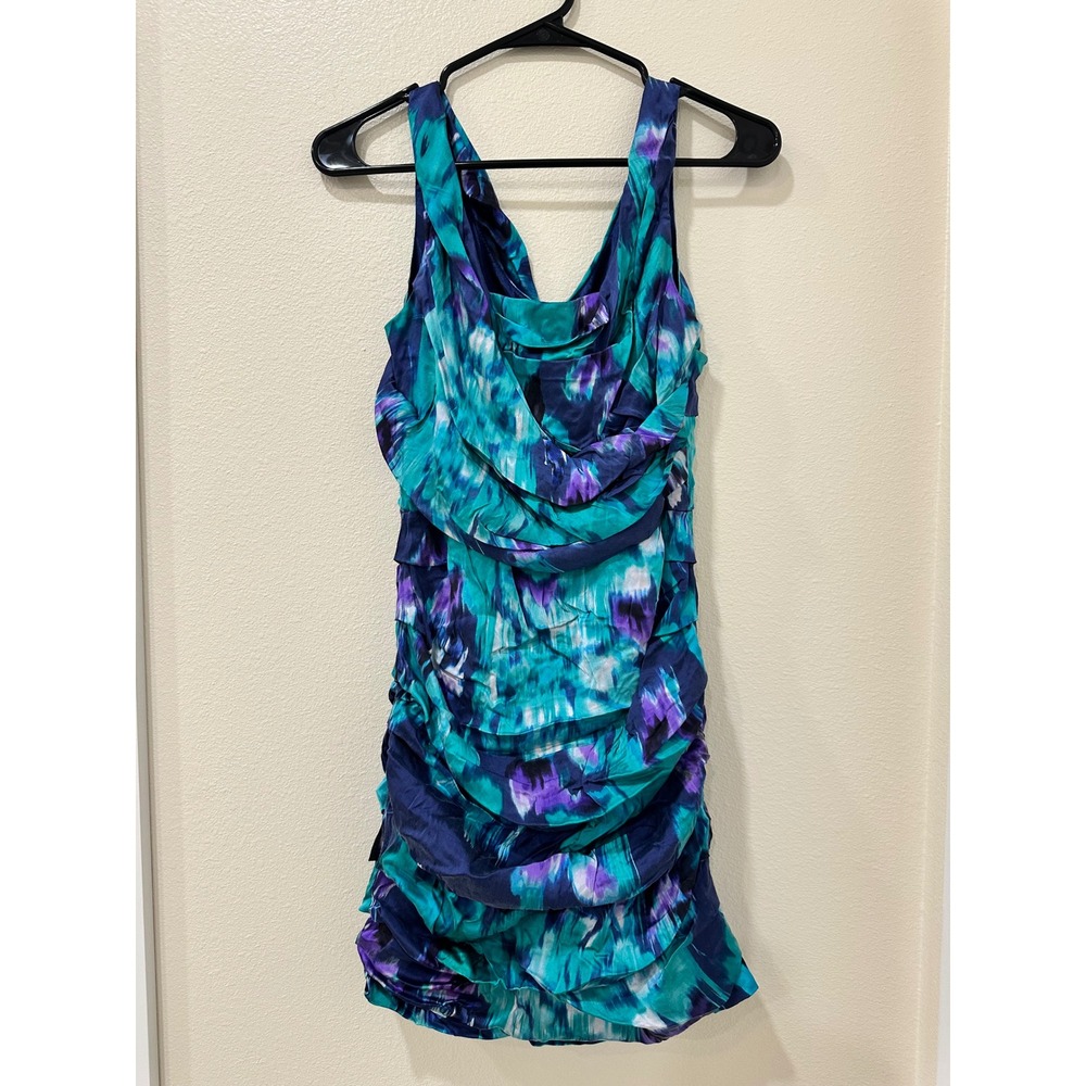 Express Design Studio Teal Purple Abstract Ruched Tiered Cowl Neck Mini Dress 4